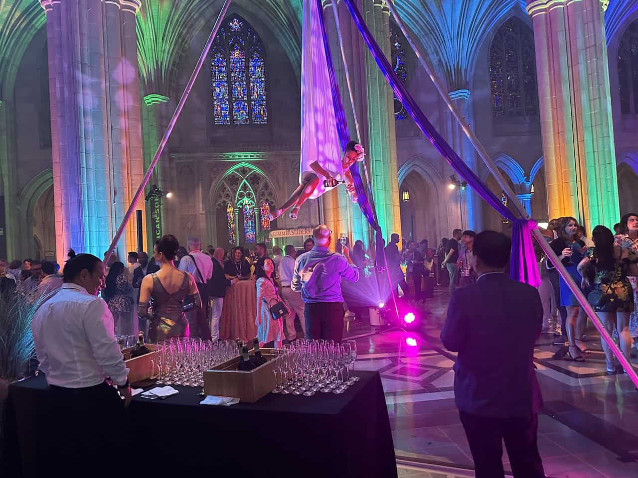 20240716_000213806_iOS-X2 - metroConnections A party where people are gathered and someone is doing an aerial silk performance