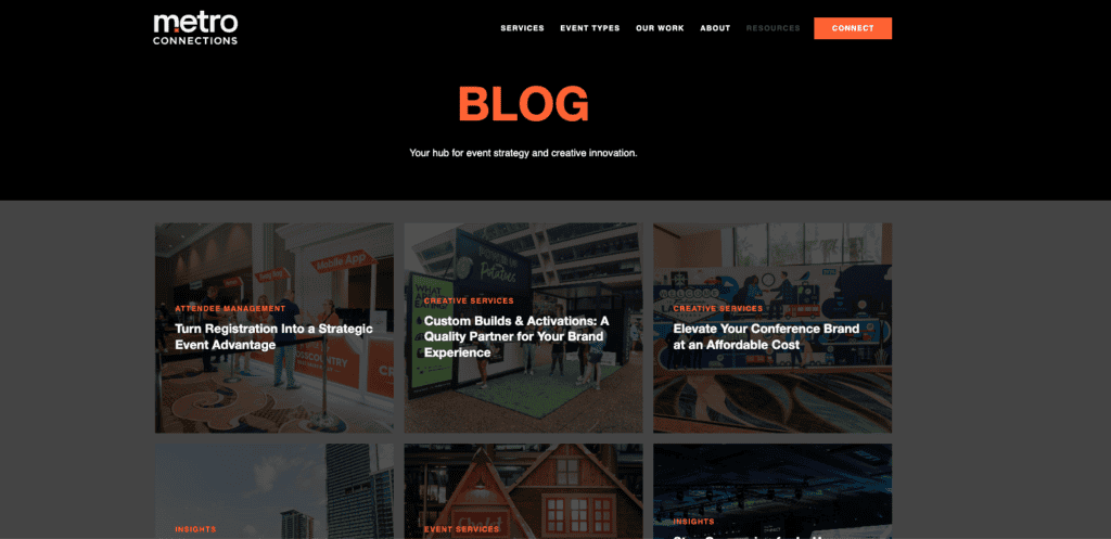 Website hero and blog grid: black banner with orange 'BLOG' title and top navigation, followed by a gray content area displaying six thumbnail article cards with overlaid white titles.