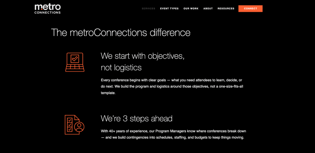 Hero section showing MetroConnections logo and top navigation on a black background; features two blocks: 'The metroConnections difference' with an orange laptop icon, and 'We’re 3 steps ahead' with an orange checklist icon.