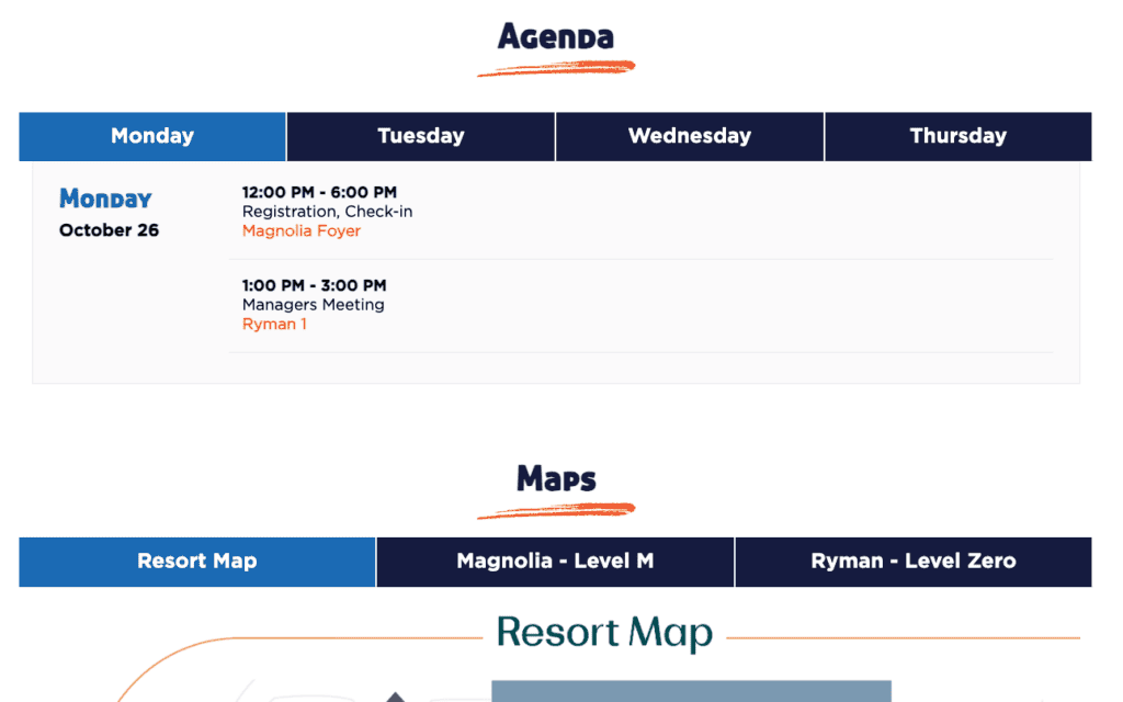 Agenda for Elevate - metroConnections Agenda with weekday tabs; Monday, Oct 26 events: Registration 12–6 PM (Magnolia Foyer) and Managers Meeting 1–3 PM (Ryman 1)
