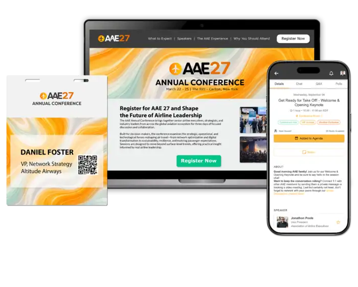 M1-HERO-BANNER-6-2026-2-700x560 - metroConnections Conference branding across devices: a laptop, tablet, and phone displaying the AAE27 Annual Conference visuals and registration prompts with orange swirl graphics.
